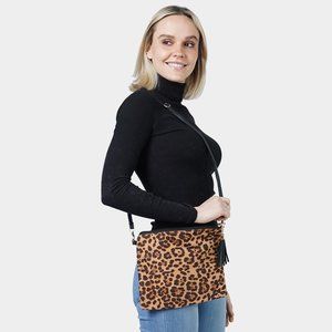 Beige Leopard Print Tassel Crossbody / Clutch Bag